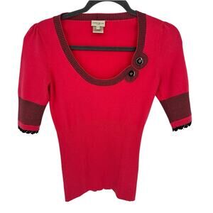 Karen Millen Knit Top Bright Pink Black Button Accent Barbie Retro Stretch XS